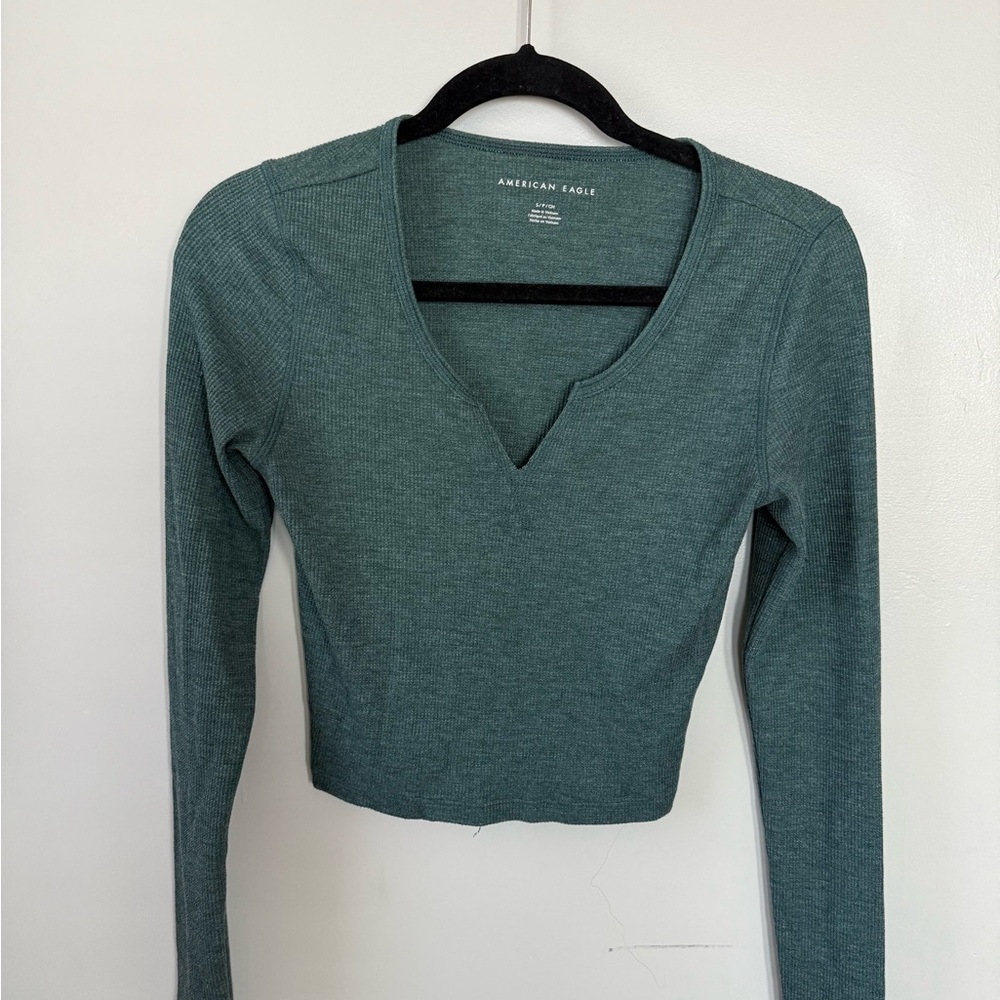 American Eagle Outfitters Teal Long Sleeve V-Neck Blouse